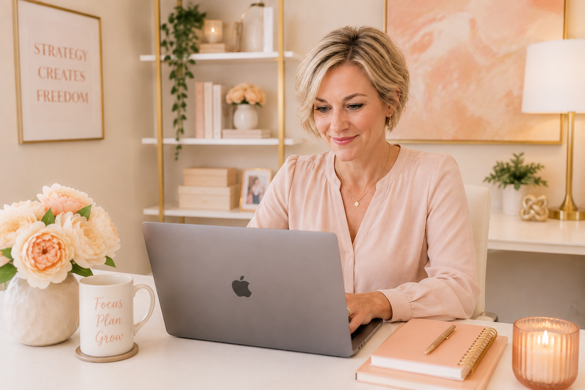 women with short blonde hair in a feminine office of cream and pale peach. She's working on a macbook pro laptop