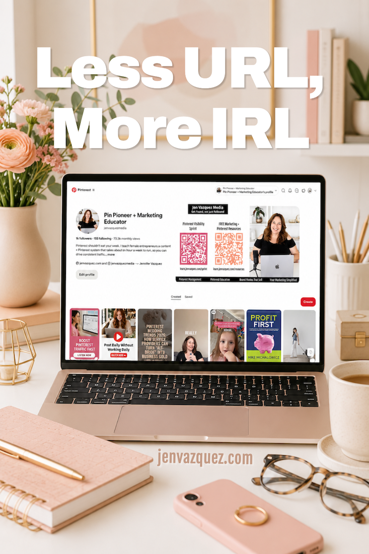 laptop with Jen Vazquez Media's Pinterest Account on a laptop in a feminine home office. We're talking about 2026 Marketing Trends that you'll love by Jen Vazquez