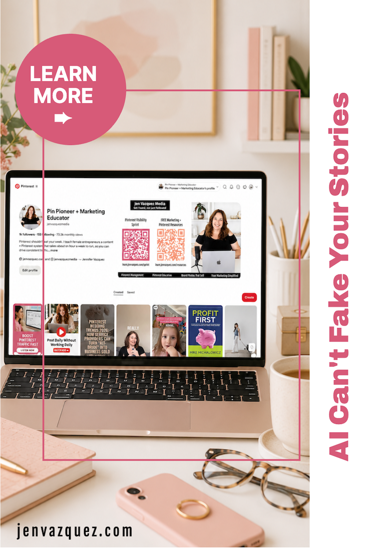 laptop with Jen Vazquez Media's Pinterest Account on a laptop in a feminine home office. We're talking about 2026 Marketing Trends that you'll love by Jen Vazquez