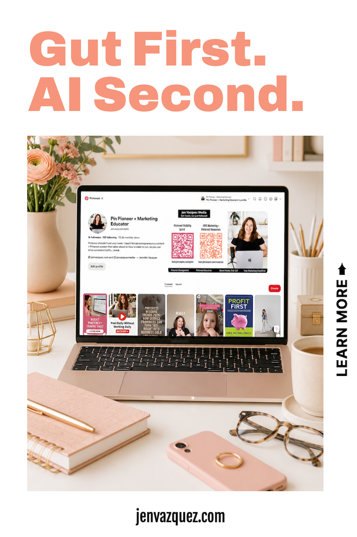 laptop with Jen Vazquez Media's Pinterest Account on a laptop in a feminine home office. We're talking about 2026 Marketing Trends that you'll love by Jen Vazquez