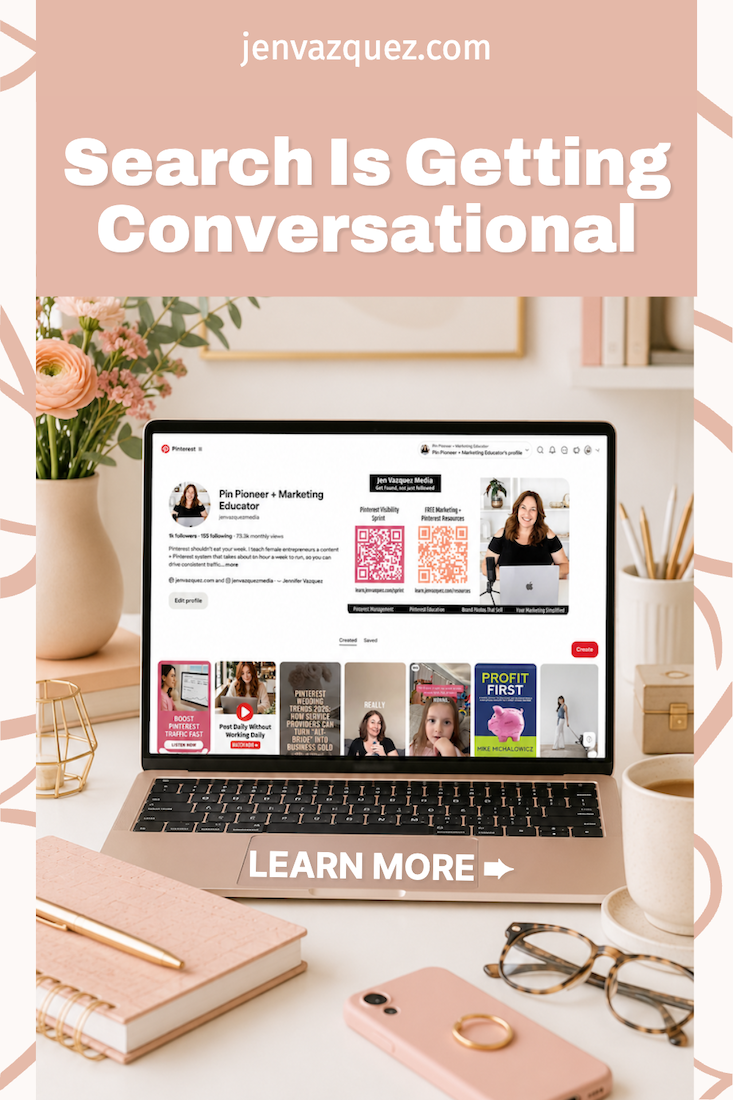 laptop with Jen Vazquez Media's Pinterest Account on a laptop in a feminine home office. We're talking about 2026 Marketing Trends that you'll love by Jen Vazquez