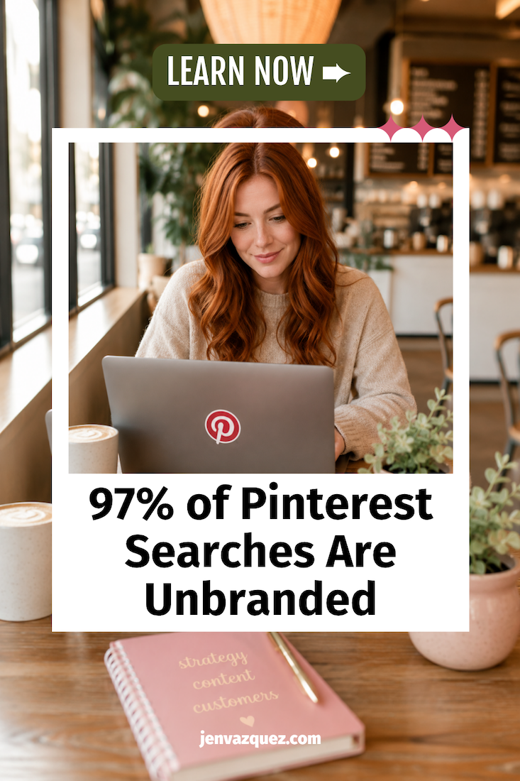 working working in coffee shop with pinterest logo on laptop jvm stock image talking about Pinterest Marketing