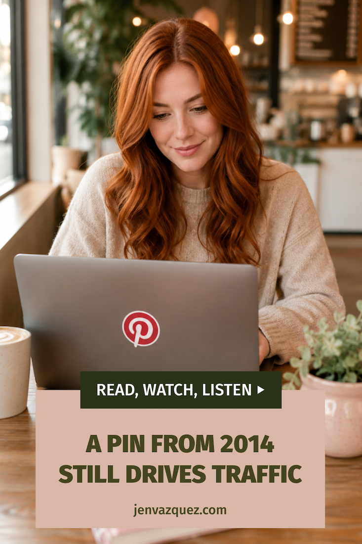 working working in coffee shop with pinterest logo on laptop jvm stock image talking about Pinterest Marketing
