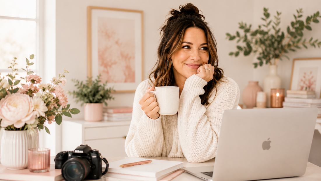Woman smiling at her desk in a bright, feminine home office with a camera and laptop, representing confidence and comfort during a brand photography session.