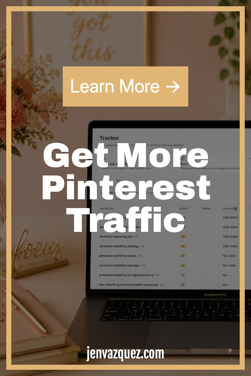 a feminine office in peach and gold accents with a laptop and on the laptop is a pinterest keyword research tool