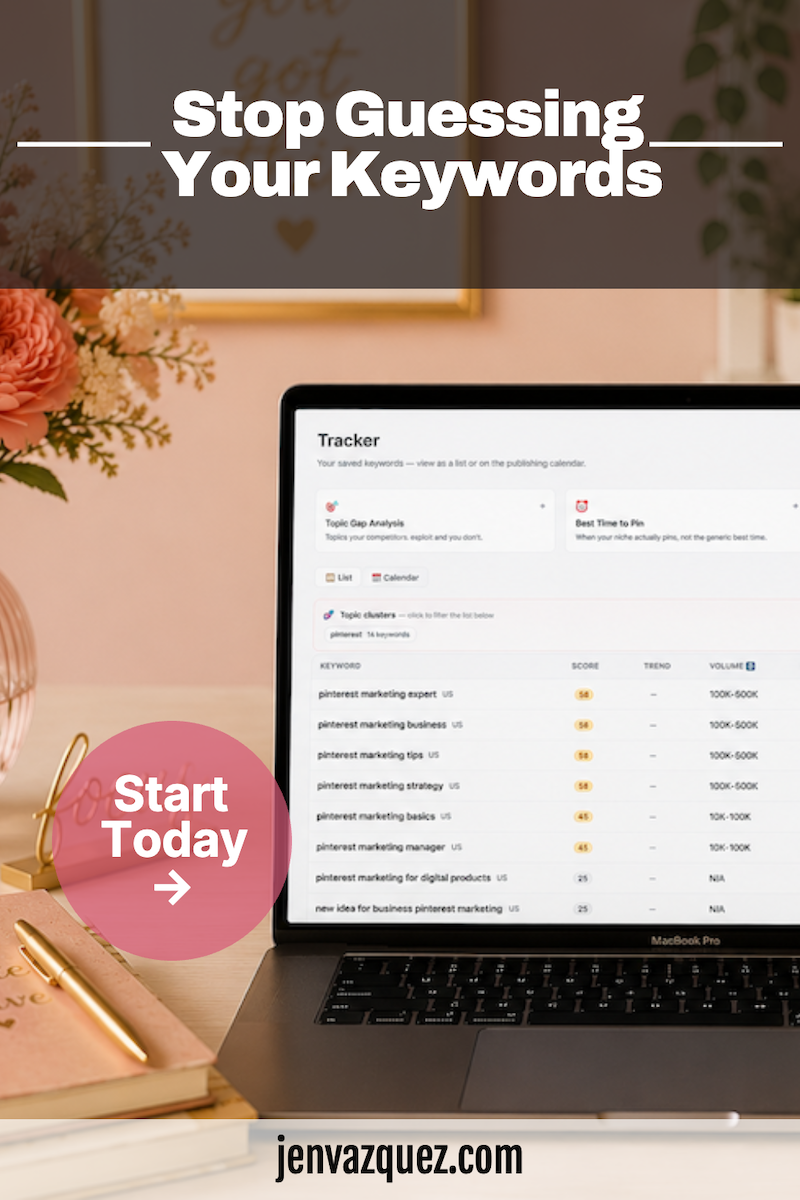 a feminine office in peach and gold accents with a laptop and on the laptop is a pinterest keyword research tool