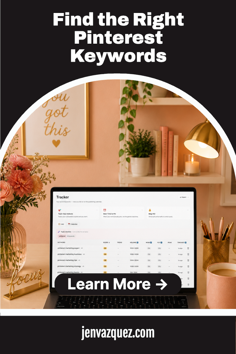 a feminine office in peach and gold accents with a laptop and on the laptop is a pinterest keyword research tool