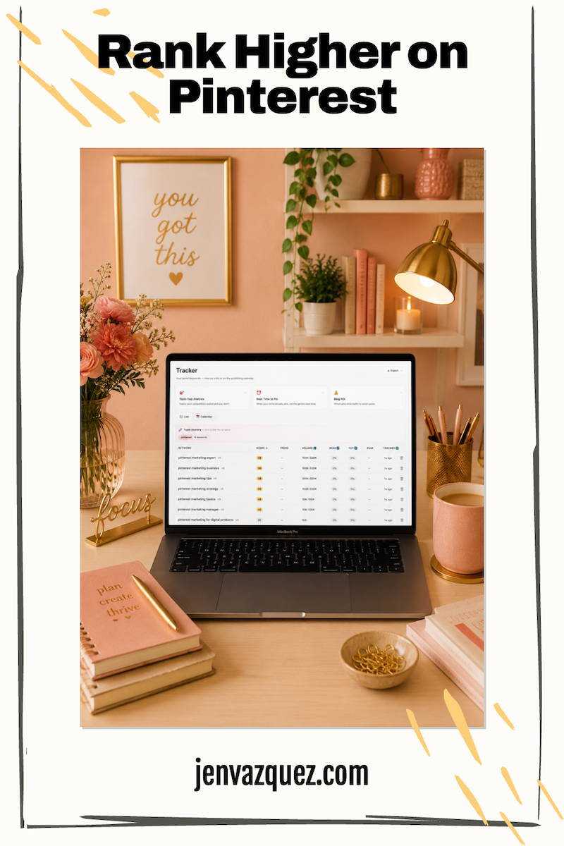 a feminine office in peach and gold accents with a laptop and on the laptop is a pinterest keyword research tool