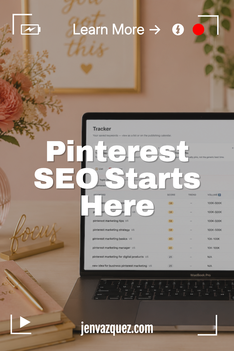 a feminine office in peach and gold accents with a laptop and on the laptop is a pinterest keyword research tool
