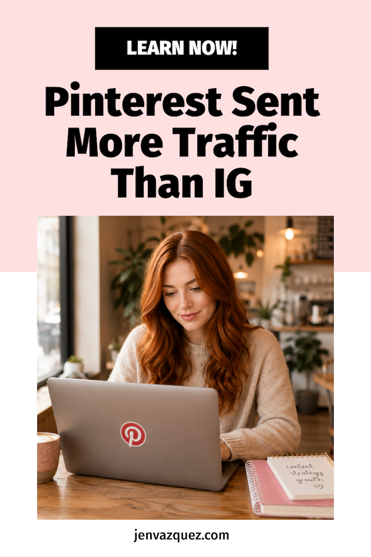 working working in coffee shop with pinterest logo on laptop jvm stock image talking about Pinterest Marketing