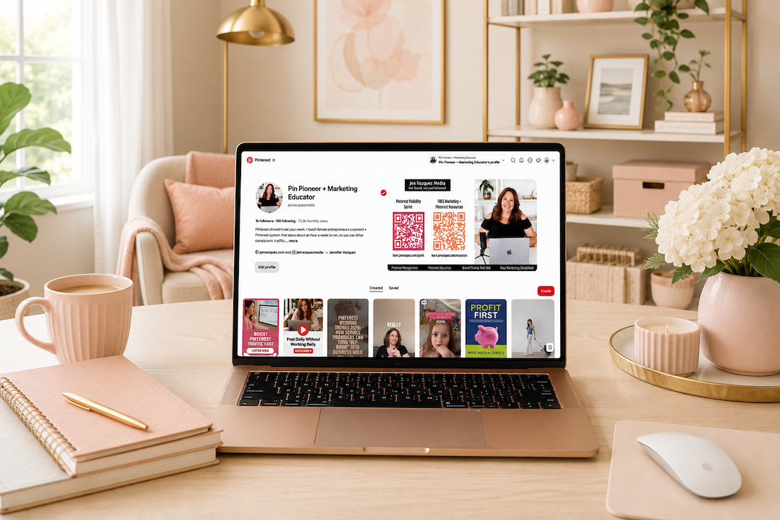 feminine room in pale peach with a laptop and Jen Vazquez Media's Pinterest page is on the screen. We are talking about 2026 marketing trends