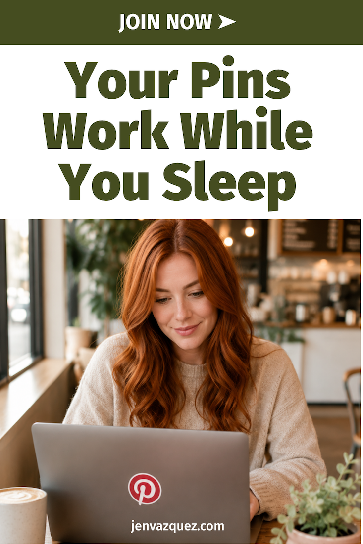 working working in coffee shop with pinterest logo on laptop jvm stock image talking about Pinterest Marketing