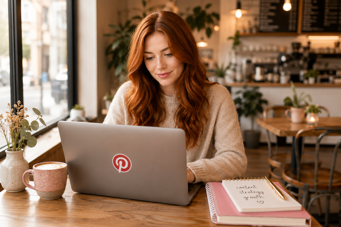 working working in coffee shop with pinterest logo on laptop jvm stock image talking about Pinterest Marketing